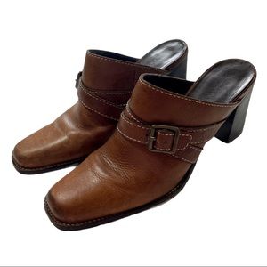 Gianni Bini Leather Clogs Wedges Tan Brown Buckle Chunky Y2K Block Heel 90s